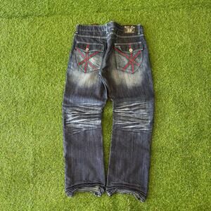 Y2K Mens Bare Fox Dark Faded Embroidered Jeans 38 x 31